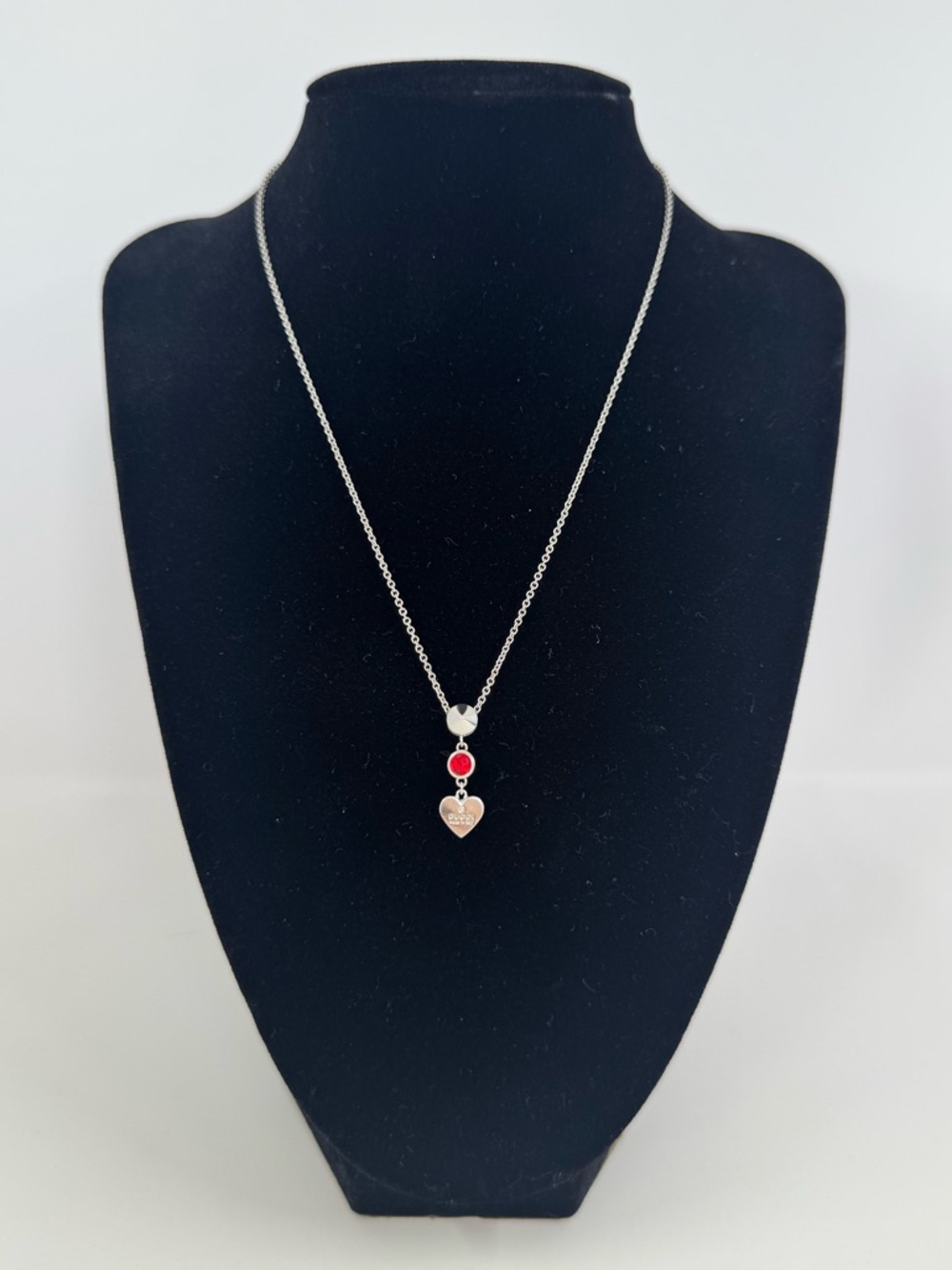 Authentic Gucci Sterling Silver Heart Pendant Necklace with Red Crystals